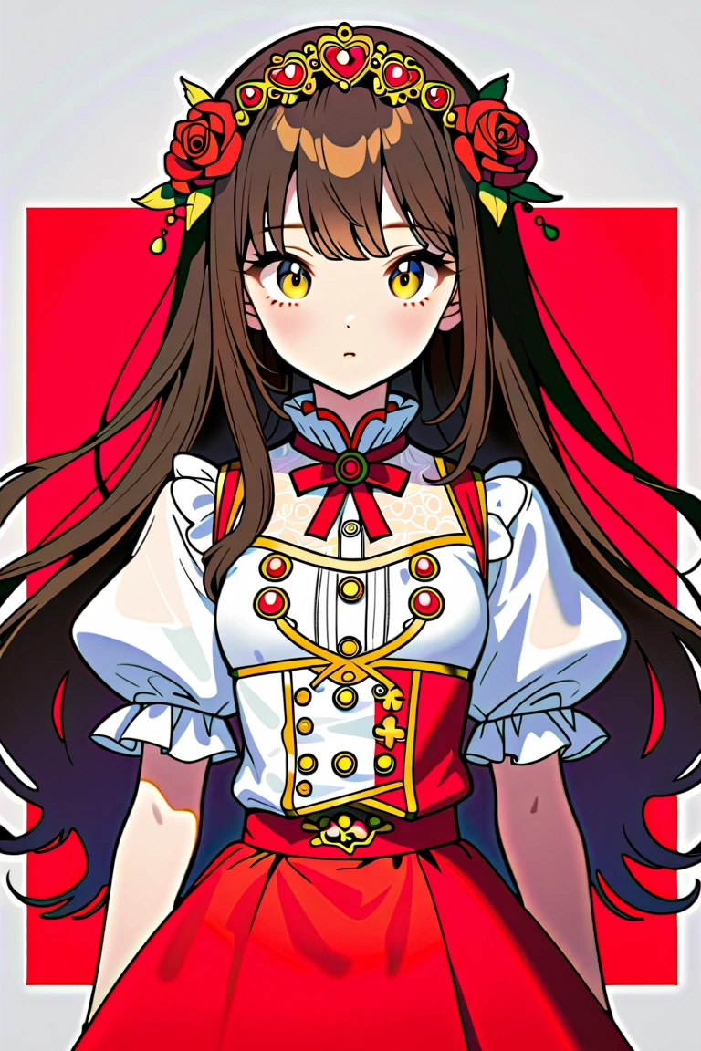 Front，ID photo，red skirt and black ， she has brown hair and eyes 。 with balls on both sides of her head ， shoulder-length hair ， an anime girl and wears red rose flower ornaments on her head。she is wearing a white blouse， has gold buttons and pink cuffs .。 pretty and well-groomed style 