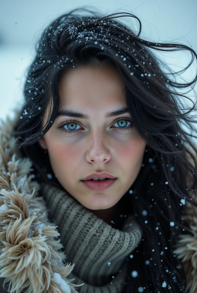 realism, 
Close-up, 1girl, cinematic film still, beautiful woman, no make up, winter outfit, blush, black hair, head tilt, hair blowing in the wind, arctic circle snow drift, snowing, snowflakes, cold, chill bumps, approaching perfection, dynamic, highly detailed, smooth, sharp focus, intricate details, shallow depth of field, vignette, high budget, bokeh, cinemascope, moody, epic, gorgeous, film grain, grainy