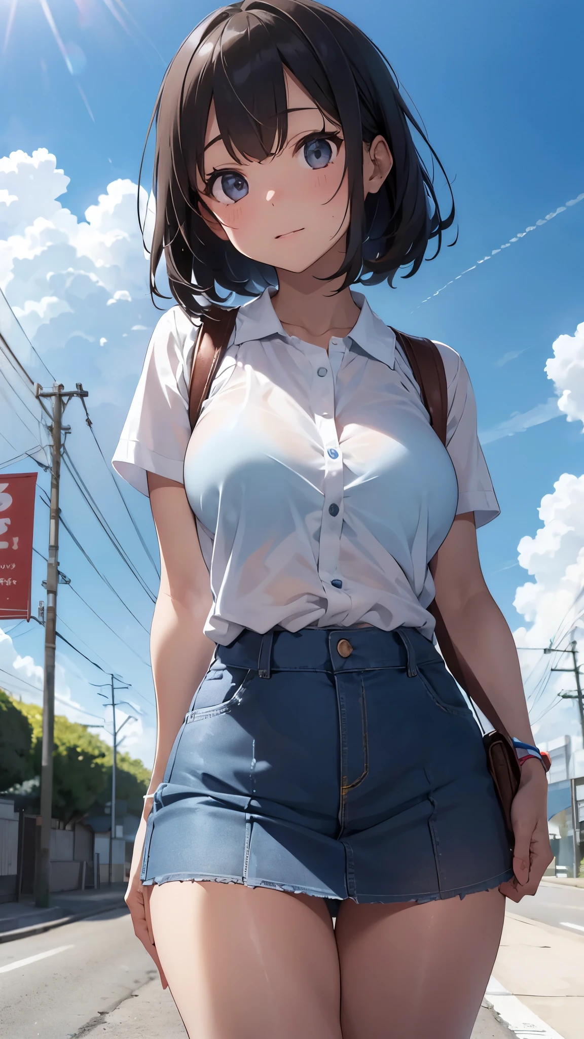  short-sleeved white shirt 、See-through bra、Blue Bra、 blue miniskirt、 lift skirt with both hands 、Schoolgirl、A desert with nothing up to the horizon、blue sky and entrance clouds 