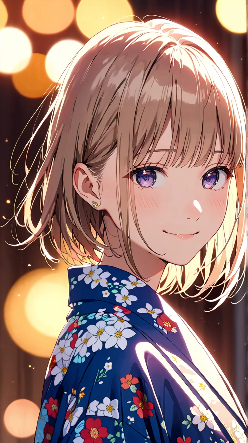 (masterpiece,  best image quality:1.4),  beautiful face, 8k, 85mm,  absurd, (Floral Yukata:1.4),  face close-up , white, red,  Delicate Girl, Alone,   knight ,  Watch viewers,  upper body,  film grain,  Color Difference,  sharp concentration,  face light ,   Professional Lighting , Sophisticated, (smile:0. 4), (  simple background, Bokeh Background:1.2)), Detailed aspects, ((Very young and small:1.2)), (Bob short cream hair:1))