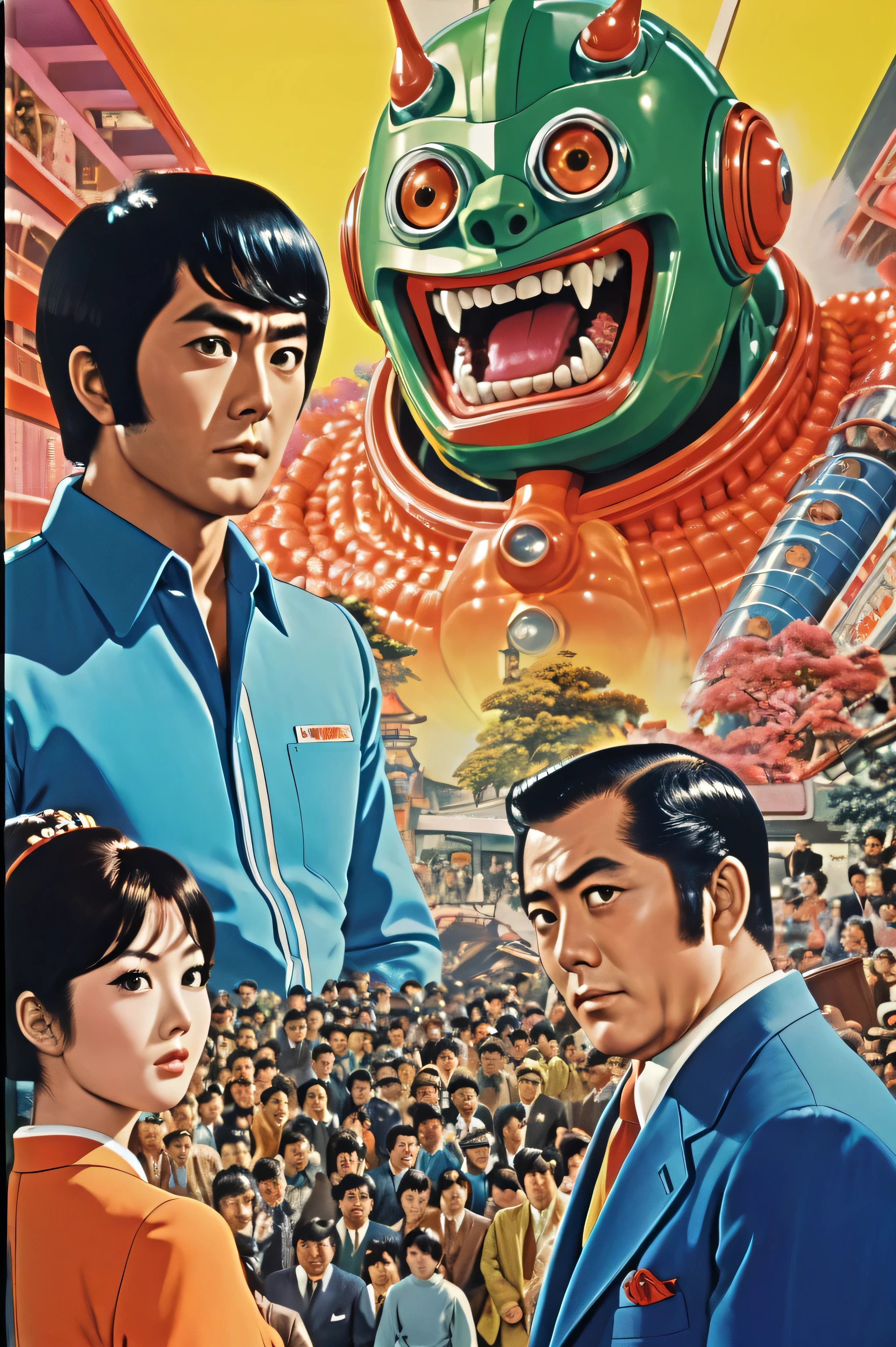 Manga characters, 1970's comic art , 1970's Japanese TV show monster, detailed Digital Paint, bright color, dynamic composition , Dramatic lighting, vintage aesthetics , ( top quality,4K,8k, high definition ,masterpiece:1.2), {{more}} ,( realistic ,photo realistic ,photo- realistic :1.37), Extremely Detailed Eyes and Faces , has long eyelashes, Beautifully Drawn , dynamic composition ,Dramatic lighting, bright color, retro anime style poster 、 retro futuristic ,1960s anime , 1970's Japanese TV , Tsuburaya Productions , large number of people , large number of enemy , SFX transformation hero , Manga art, Digital Paint