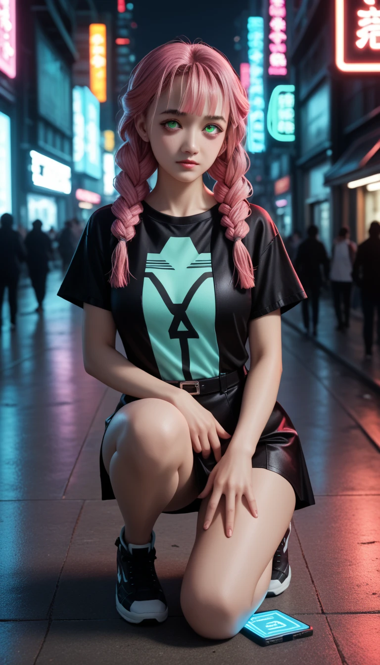             A pretty girl         ,    Japanese      , with healthy appearance ,  The expression would be     , Bold pose,                detailed embroidery          ,              high quality, 8k,                realistic photo             ,               dramatic lighting           ,                vivid colors               ,(               masterpiece               ,                 top quality               ,  :1.2),  (                         cyberpunk urban scene illuminated by neon lights                         ), (Alone:1.4), (                 Elegant and cool              ),                Bright neon details                :1.3), (     sexy expression     :1.1) ,                 Confident and relaxed poses                  :1.3),   holographic clothing for outdoor use                 , (               dynamic lighting          ,           Mitsuri Kanroji is a young woman with bright green eyes,          She has long pink hair mixed with neon green paint          ,           wearing three thick braids and five shorter locks falling over her nose like fringes.           Big breasts          ,         full body photo    ,       sexy full body clothes  ,   tight clothes, short skirt,.
