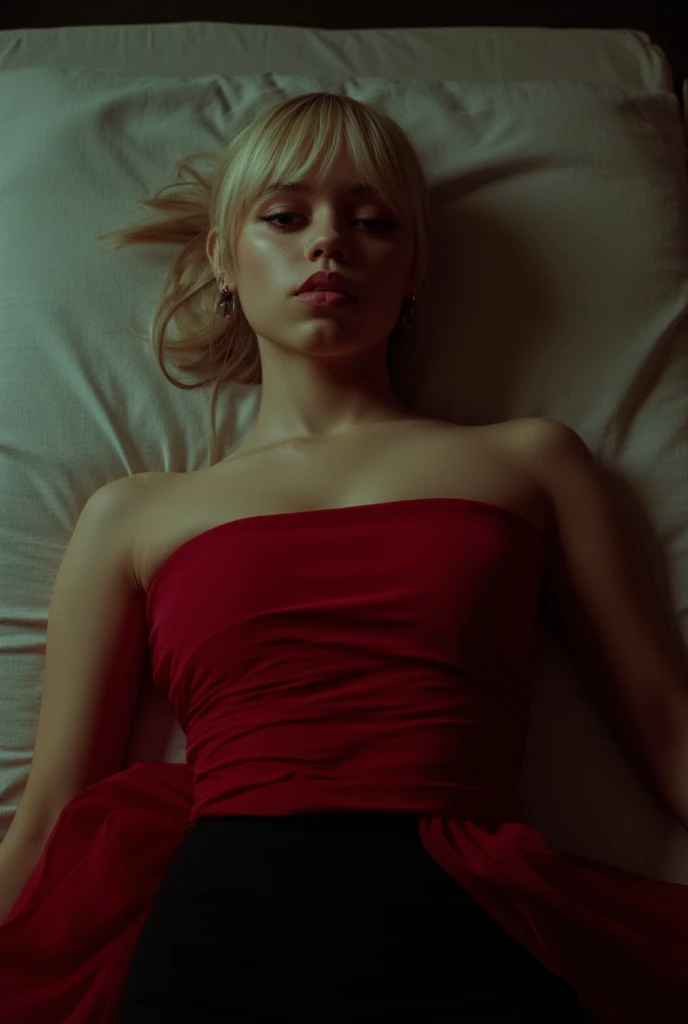 Jenna Ortega, picture from above, lying  limp on a bed, red strapless dress, black tights, blonde bob cut hair with bangs, drunk face