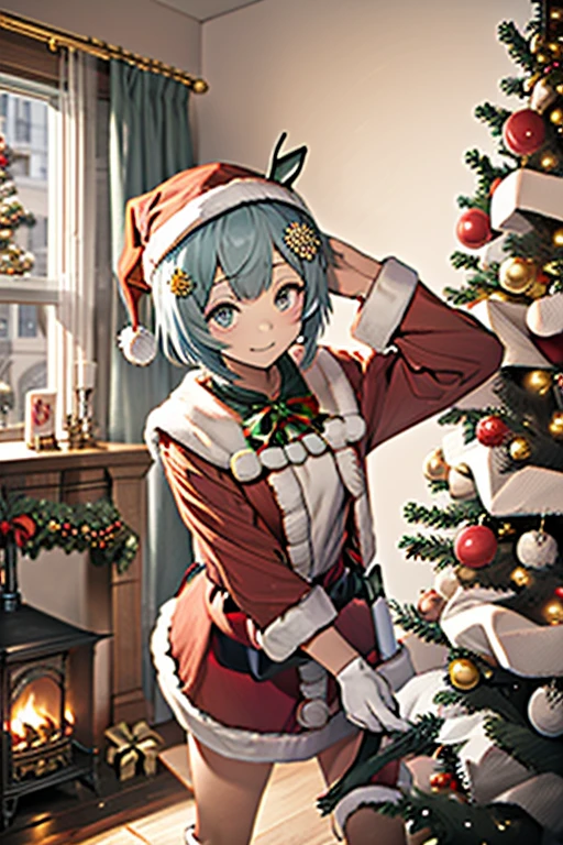 (masterpiece. highest image quality taken by Ki). One girl .Horse Eared Girl .horse tail.( Santa Claus Costume :1.4).( christmas tree:0.8)