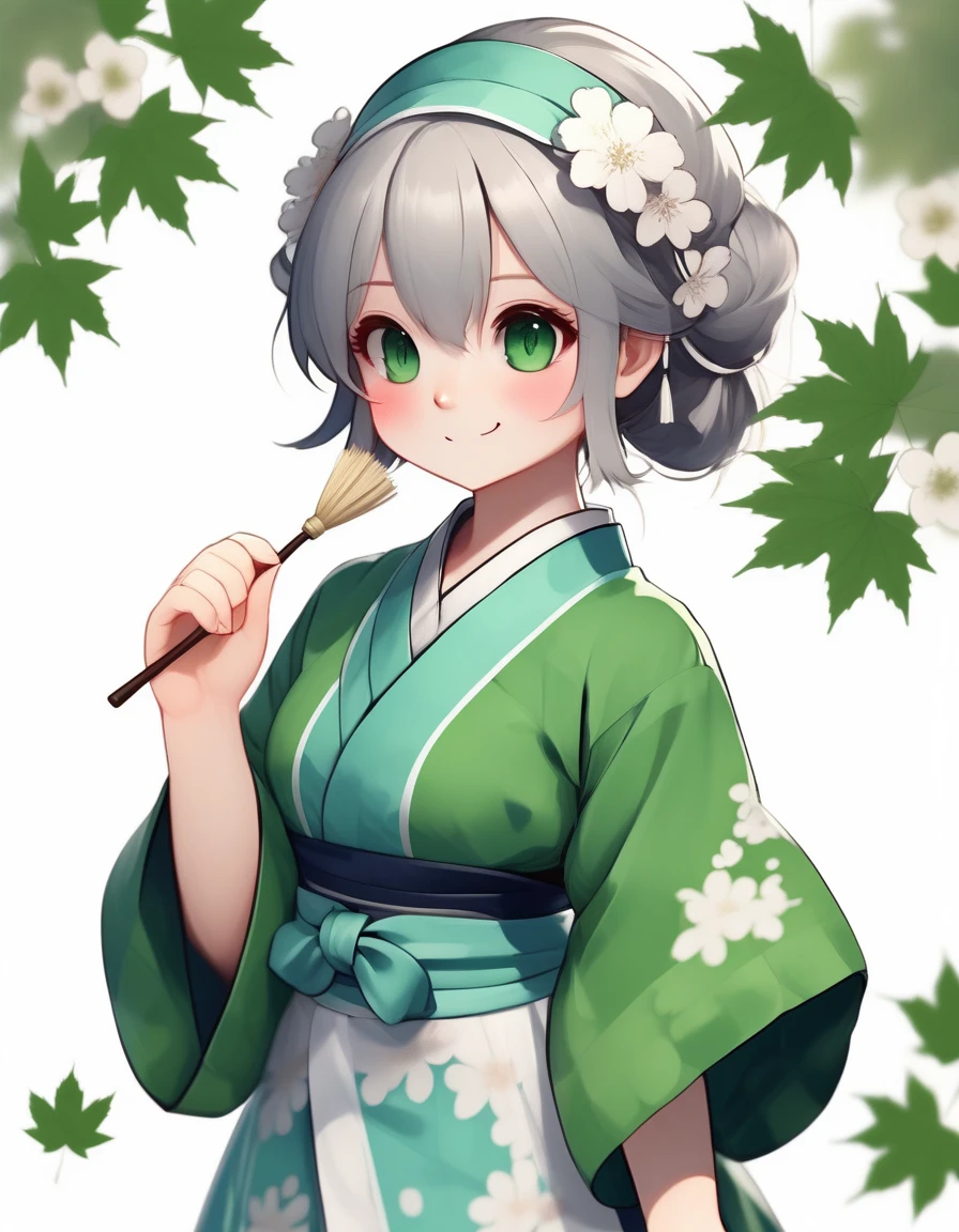 1girl, green eyes, grey hair, short hair, blush, maid headdress, japanese clothes, kimono, maid, apron, long sleeves, frills, wide sleeves, hair ornament, tassel, looking at viewer, leaf, maple leaf, flower, bell, solo, holding, white background, simple background, watermark, upper body, holding leaf, wa maid, white apron, green kimono, smile, closed mouth, maid apron, one eye covered, aqua kimono, blue kimono, tassel hair ornament, checkered kimono, frilled apron