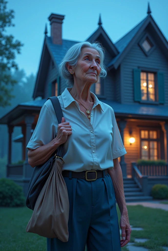 Create a movie poster for a film version of William Faulkner&#39;s short story A Rose for Emily. that she is an older woman, with worn clothes and wrinkled face 