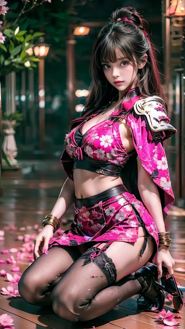   sexy female character ,  that is Warrior from the Sengoku period is dressed up  、(( tight body ))、  tight body 、  a sexy female figure dressed as a warrior from the Sengoku period  、  The sakura armor with a cherry blossom pattern ,  engraved on it ,  is of the bikini type and is designed ,  that accentuates the chest 、  wears a pink cape  、  super mini skirts  、 A shin pad with engraved cherry blossom leaves,  red high legwear 、 sakura stockings  、 Absolute domain 、(Full body)、(( She kneels on the floor, ready to jump))、  looks at the camera、  strong yet elegant atmosphere  、 She holds a sword with sharp eyes  、  front、  that is still ready ,  to take on the battle  、 The background is a battlefield with cherry blossoms scattered all over 、  she has plump breasts and plump thighs  、  super high resolution and realistic touch  、  shiny armor and fabric texture  、  shows dynamic Poses in every detail  、