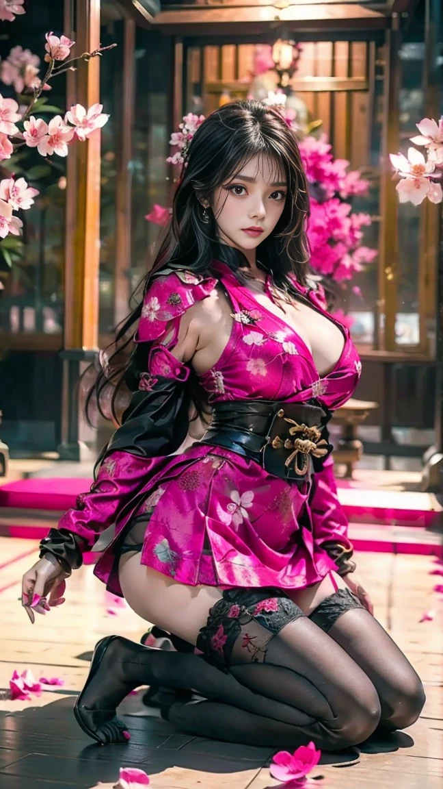   sexy female character ,  that is Warrior from the Sengoku period is dressed up  、(( tight body ))、  tight body 、  a sexy female figure dressed as a warrior from the Sengoku period  、  The sakura armor with a cherry blossom pattern ,  engraved on it ,  is of the bikini type and is designed ,  that accentuates the chest 、  wears a pink cape  、  super mini skirts  、 A shin pad with engraved cherry blossom leaves,  red high legwear 、 sakura stockings  、 Absolute domain 、(Full body)、(( She kneels on the floor, ready to jump))、  looks at the camera、  strong yet elegant atmosphere  、 She holds a sword with sharp eyes  、  front、  that is still ready ,  to take on the battle  、 The background is a battlefield with cherry blossoms scattered all over 、  she has plump breasts and plump thighs  、  super high resolution and realistic touch  、  shiny armor and fabric texture  、  shows dynamic Poses in every detail  、