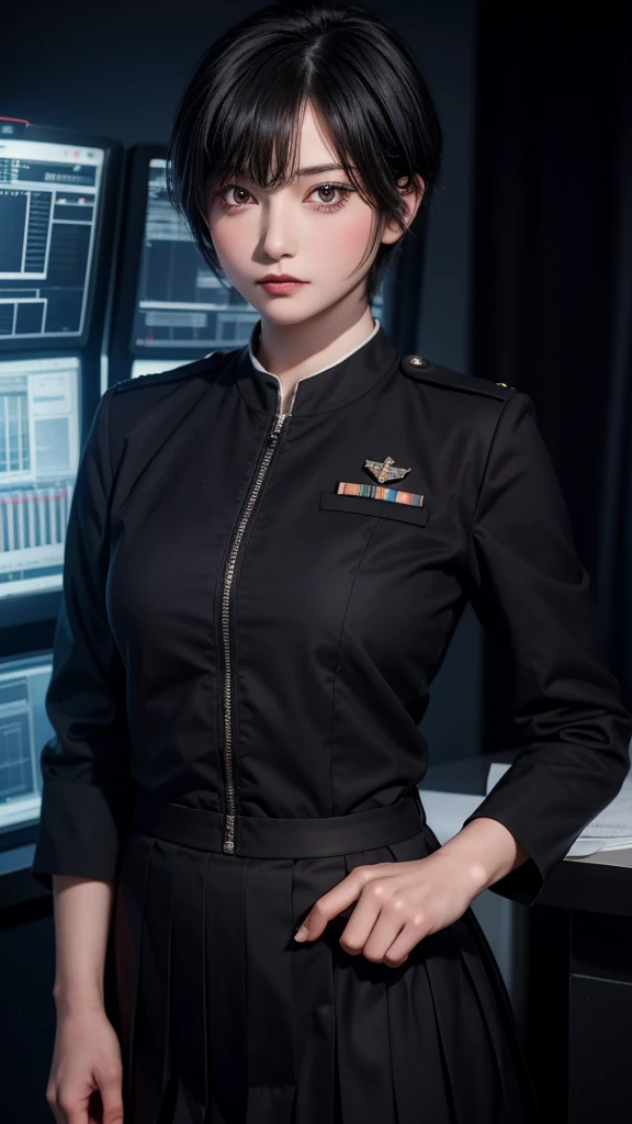 ( Highest Resolution , unique_image),  Best Quality , masterpiece,  Highly Detailed , Semi-realistic, A woman with short black hair,  Mature Women , Three bangs,  black uniform,  black pleated skirt , military uniform, Spaceship space, Control Room,  Commander