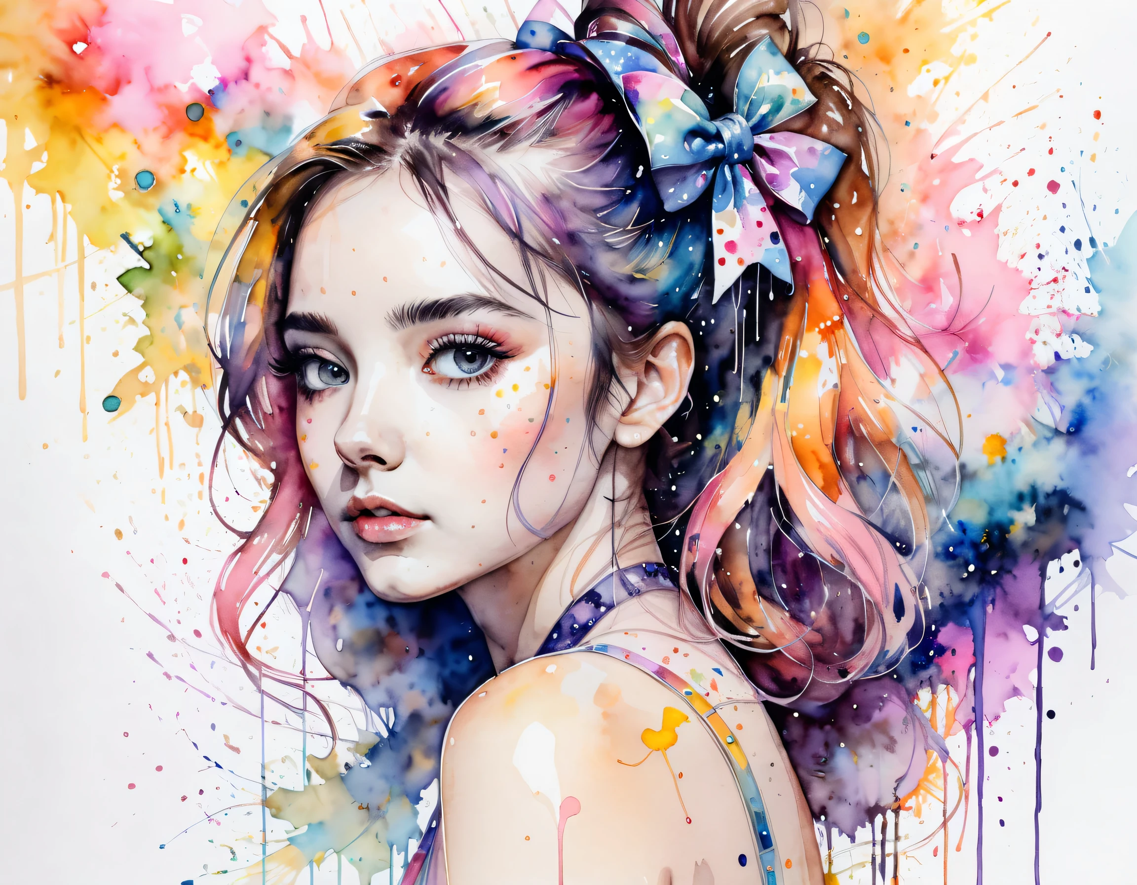 (8k, top quality , masterpiece:1.2),( top quality :1.0), ( super high res:1.0), watercolor, beautiful women, shoulder, hair bow, by agnes cecile, Half-body portrait, Extremely Bright Sparkling Designs , pastel color , (ink:1.3), autumn lights,