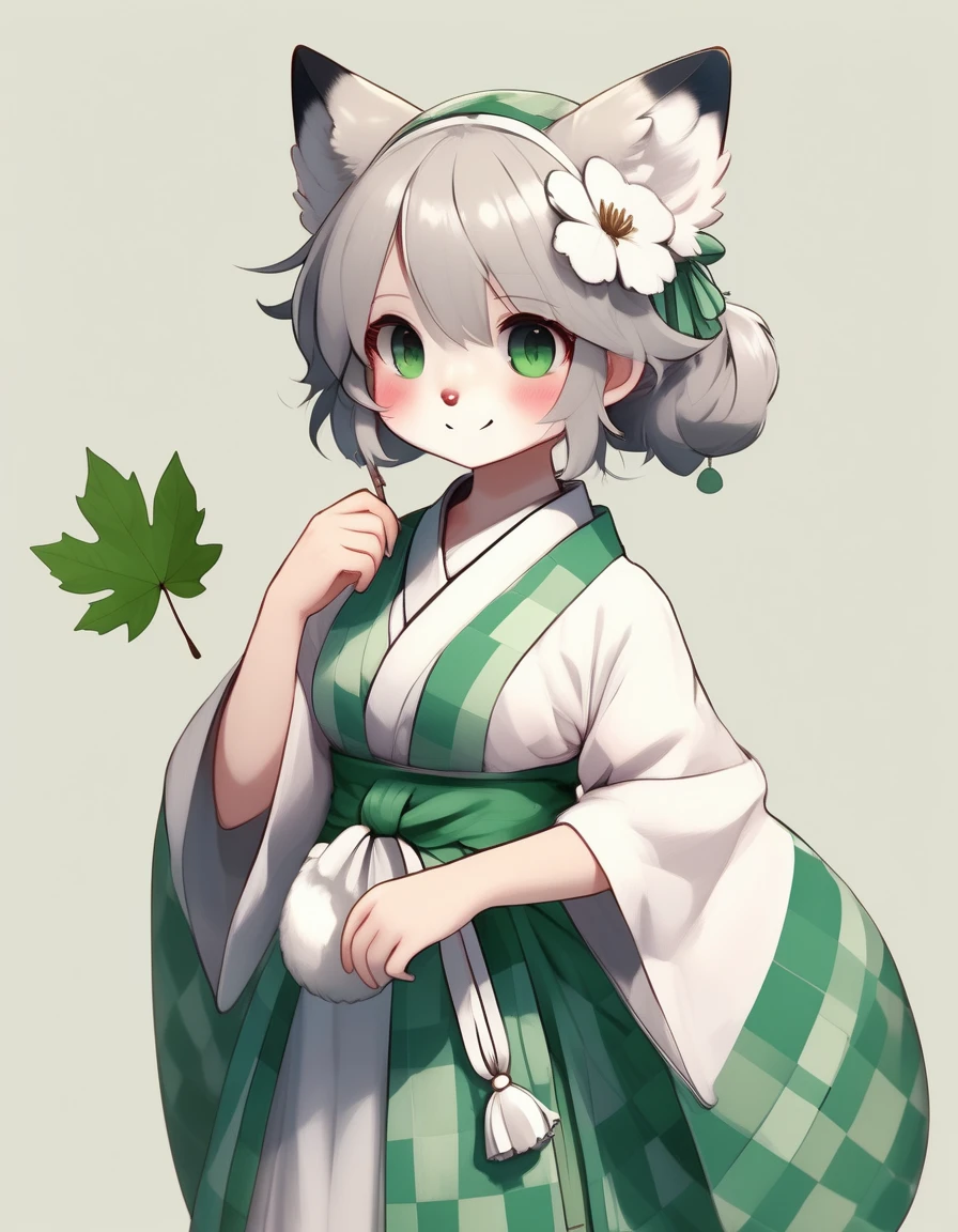 furry, 1girl, green eyes, grey hair, short hair, blush, maid headdress, japanese clothes, kimono, maid, apron, long sleeves, frills, wide sleeves, hair ornament, tassel, looking at viewer, leaf, maple leaf, flower, bell, solo, holding, white background, simple background, watermark, upper body, holding leaf, wa maid, white apron, green kimono, smile, closed mouth, maid apron, one eye covered, aqua kimono, blue kimono, tassel hair ornament, checkered kimono, frilled apron