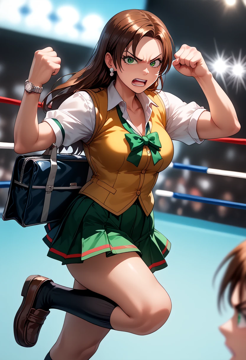 score_9, score_8_up, score_7_up,extremely detailed, high quality, absurd res, high res,atmosphere,(WWE ring), ,zPDXL, zPDLxxx,source_anime,looking at viewer, 1girl ,cowboy shot,, kicking, incoming kick, (Executing a high kick:1.2), dutch angle, motion lines, afterimage, energy foot, blue aura, cinematic lighting, lens flare, chromatic aberration, depth of field, masterpiece, best quality, very aesthetic, absurdres, ultra detailed, UHD, 8K, highly detailed, newest,、、、、 ,,,,score_9, score_8_up, score_7_up, source_Anime, they move, 1 girl,Alone,,Sparkling_Close,Sparkling_skin, five fingers , 1 girl, Big Breasts , Kisara Westfield , long hair, .Brown Hair, green eyes, split bang ,the above, looking at Vietower,angle up, ,gem, pearl earrings , school bag that can be held in one's mouth, school uniform, short puff sleeve , white shirt, Yellow Vest, green ribbon on chest , is a green skirt, pleated skirt , watch , looking at Vietower,hand holding school bag that can be held in one's mouth, bare chest neckline ,Black Sox, medium socks ,shoes,mad, annoyed, disgust, shocked, tearful, sobbing, glaring