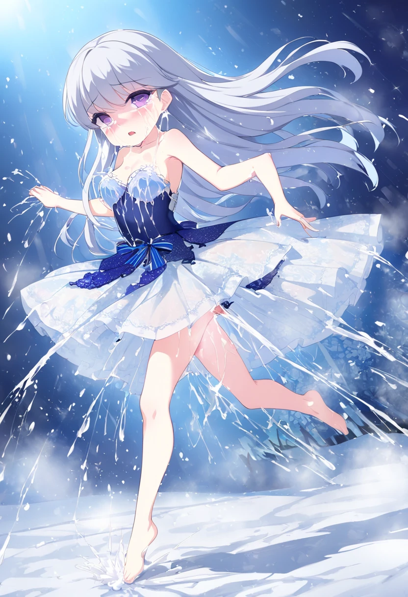 1girl, solo, yuliavalkova, (girlFriend beta) grey hair, blue hair, long hair, purple eyes,　, empty eyes , large breasts, nipple, Running, , Heavy snowfall area,  ballet Concert ,frozen , crying mountain Alone, crying, Naked, solo, 1girl, , Peeing, lactation, projectile lactation, nsfw