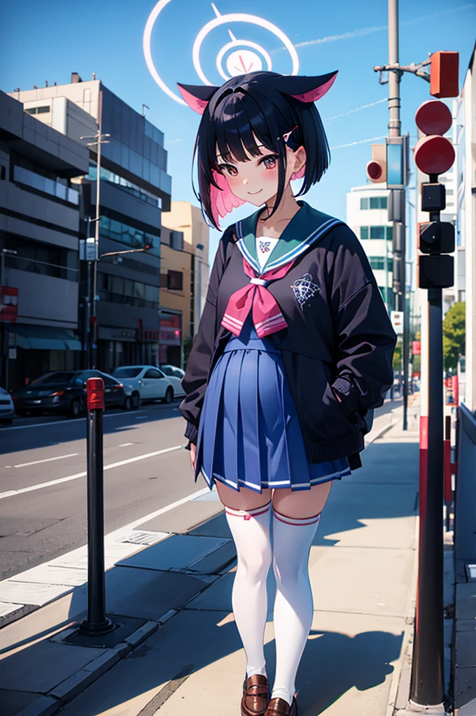 a cute girl,solo,kazusa_bluearchive,shy,embressed,smile,red face,wearing a japan school uniform, blue sailor collar, blue skirt, white thighhighs,small pregnant belly,standing sexy pose in a city at afternoon time, full body.