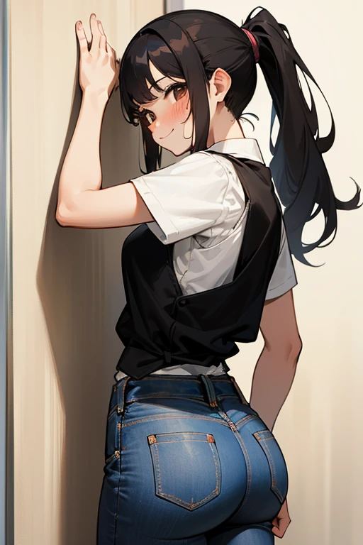 quality、Image Quality、Masterpiece、age girl((White Y-shirt、black long pants、18 years old、 Ajer、best bust、big bast,black eyes, black hair、A slender one,Great Valley、Keep your back straight、Stretch your arms upwards、smile slightly、ponytail)),高quality、beautiful art、background with((The room nice and clean.、animal stuffed toys、Pink walls))Masterpiece、depth of field,cinematic style
