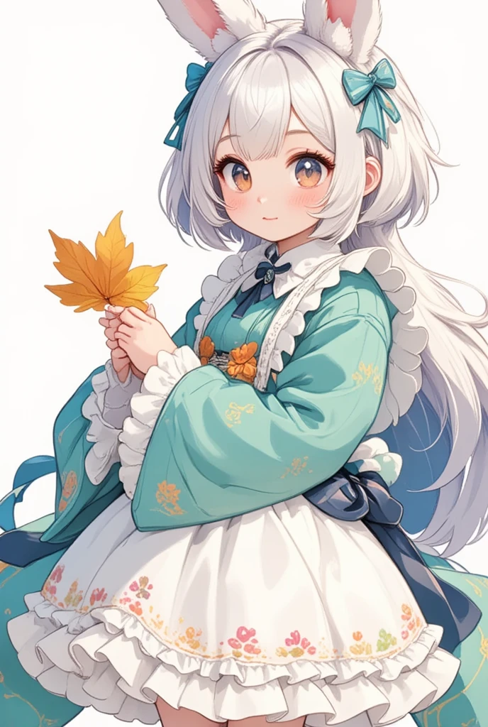 1girl, (furry girl, anthro rabbit:1.5), cute flat 2d anime illustration, animal nose, green eyes, grey hair, short hair, blush, maid headdress, japanese clothes, kimono, maid, apron, long sleeves, frills, wide sleeves, hair ornament, tassel, looking at viewer, leaf, maple leaf, flower, bell, solo, holding, white background, simple background, watermark, upper body, holding leaf, wa maid, white apron, green kimono, smile, closed mouth, maid apron, one eye covered, aqua kimono, blue kimono, tassel hair ornament, checkered kimono, frilled apron