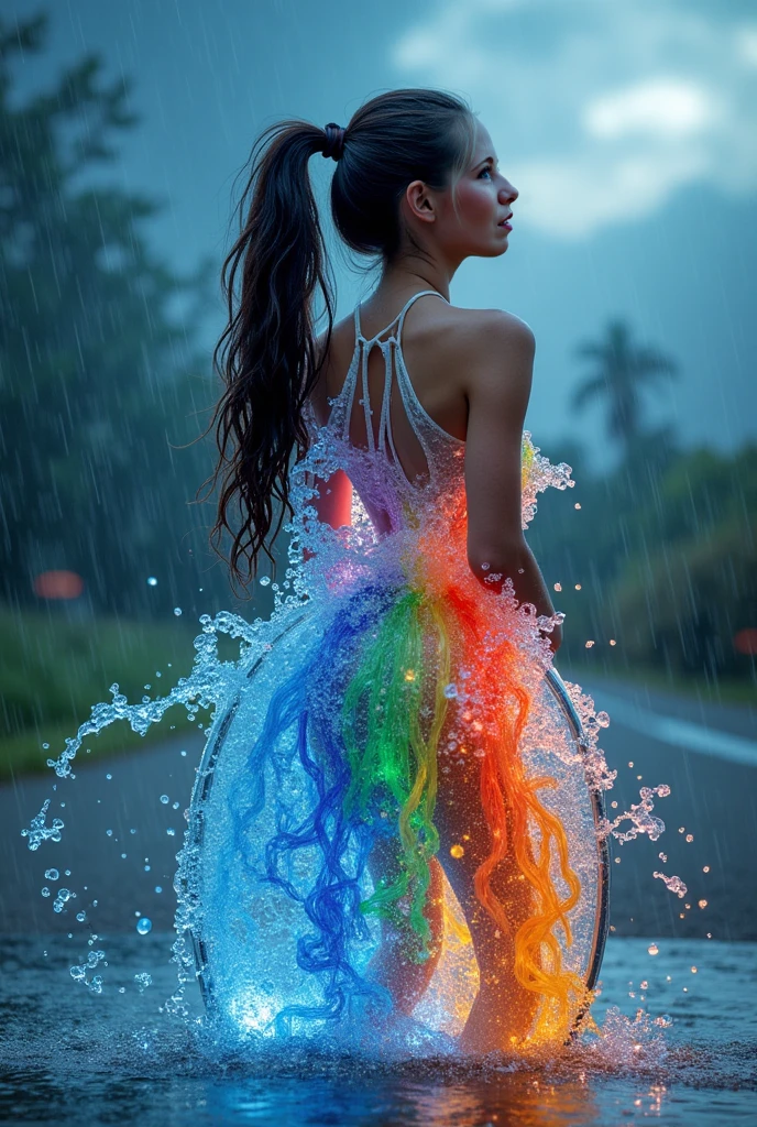 a Master's work of art, featuring a full-body image of Jhanvi Kapoor, The portrait should be centered, and the setting should be outdoors with a scenic background, The artist should focus on NSFW elements, such as wet clothes and bare hips, Jhanvi Kapoor should be wearing ultra-detailed, wet, translucent dress and a sheer shirt, both of which are stained, She should have wet hair and be lying in water, with water droplets visible,It should be raining in the scene, Jhanvi Kapoor's face should have a blush, and her hips should be bare, The artist should incorporate fire elements, such as sparking fire red eyes and a "girl fire ghost" with a strength of 10, The artwork should have perfect shading and showcase rainbow-colored hair, The image should be of the highest picture quality, and the scene should be visually appealing.
