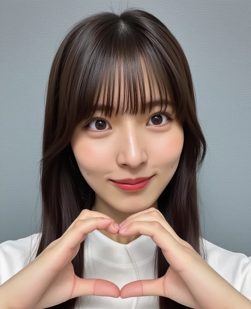  smile making a heart shape with hands:2.0、 (Ultra-precise human anatomy ,  top quality 、 RAW photo、8k、32K、masterpiece、 realistic 、 photorealistic:1.37)、Cute Japanese women images、 tank top、 Shot in natural light、 upper body、 1 girl、Photo Mapping、 Physically Based Rendering、 high image quality、 High Definition 、1080P、( beautiful face)、(Detailed description of the face)、( Detailed description of the hand setter&#39;Muscle area)、( CG in detail)、 rich details 、( Stunning Features :1.35)、( detail eyes)、 of cute ladies are looking forward to your eyes、Delicate clavicle、 Various Poses、非常にリアルで詳細な若い女性の upper bodyポートレート。The skin is beautiful、 soft light reflecting high on her cheeks .、 Tiny pores and hair follicles、 You can see even the thinnest blood vessels 。The skin is smooth、natural flushing of cheeks 、Healthy glow。 The eyes are large and clear blue、Her iris has fine patterning、 Light is reflecting and shining in the eye。 There is a slight shadow under her eye 、 Her eyelashes are long and naturally curled。 her lips are soft pink 、Smooth texture with a natural glow、 Slightly reflects light。  the woman wears a simple white top  .、 background is pale black and white gradation .、焦点は完全に顔と upper bodyに当たっている。 realistic  shadows and textures、 picture-like depiction.。
