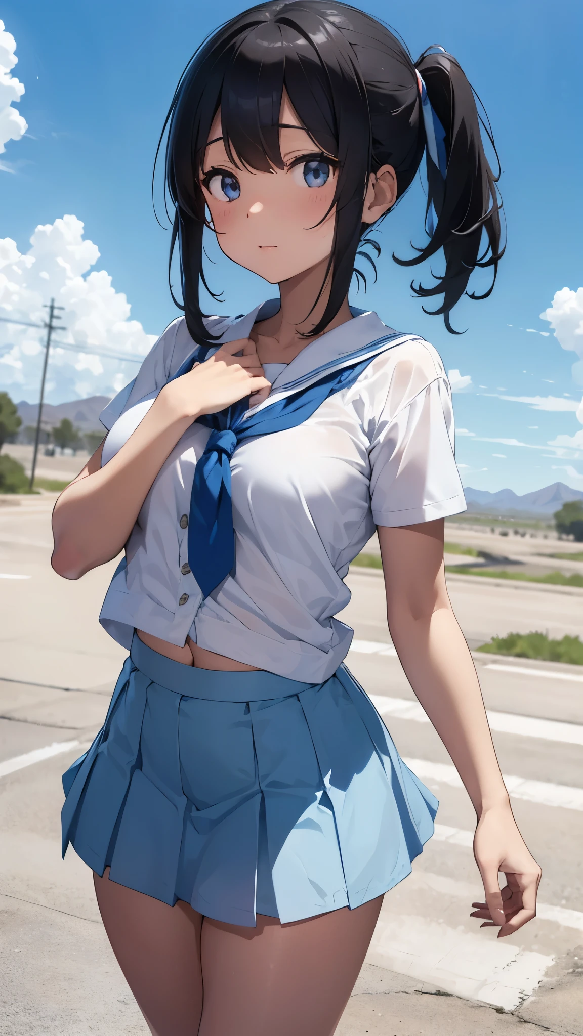  short-sleeved white shirt 、See-through bra、Blue Bra、 blue miniskirt、 lift skirt with both hands 、Schoolgirl、A desert with nothing up to the horizon、blue sky and entrance clouds 