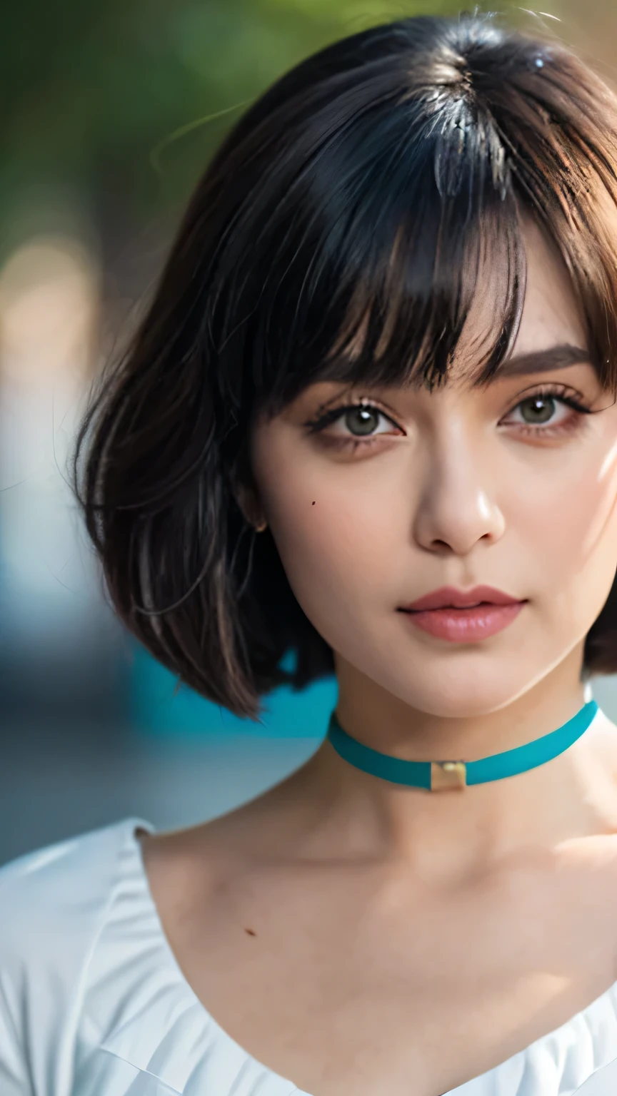 (masterpiece:1.0),(best_quality:1.0), ultra high res,4K,ultra-detailed, photography, 8K, HDR, highres, (absurdres:1.2)straight-on, upper body, solo, bob short hair, hair between eyes, blue eyes, bangs, collarbone, spiked hair, natural breasts, green eyes, choker, blue t-shirt, (pleated skirt:1.2), jewelry, official art, extremely detailed CG unity 8k wallpaper, perfect lighting, Colorful, Bright_Front_face_Lighting, shiny skin, Kodak portra 400, film grain, blurry background, (bokeh:1.2), lens flare, (vibrant_color:1.2), professional photograph, (beautiful_face:1.5),