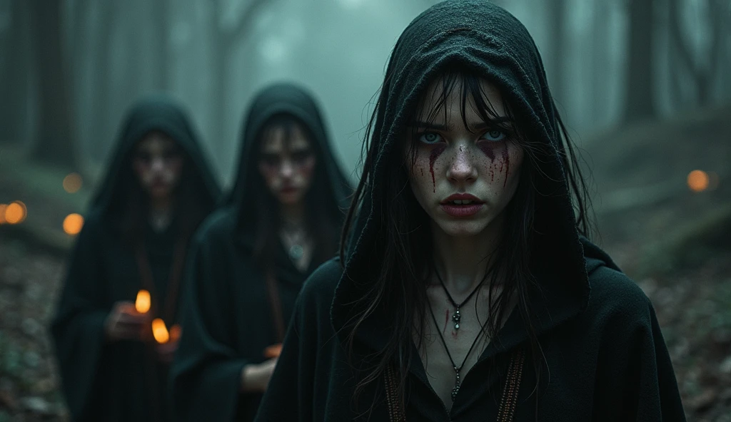 A very pal humanoid character, with red eyes, her name is (The Englewood Witch), she is crazy, nuts, horror, she is creepy, she is scary, shock value, very evil, she is skinny, evoke, fear, terror, dread, decay, disgust, she is a Psycho, dark, unusually thin, thin, scraggly, emaciated, twisted, frightening, sick, dark background, long white_dress, gore, bloody_hands, solo, close up, (messy_long_dark_hair), fog, evil eyes, eyes glowing, fire in the background, (she is wearing a very dirty old torn_white_dress), covered in slugs