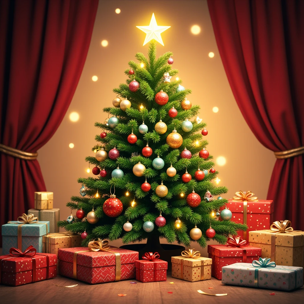  Christmas image with no people in the scene , very colorful and cheerful . with christmas tree,  present and space to type a text