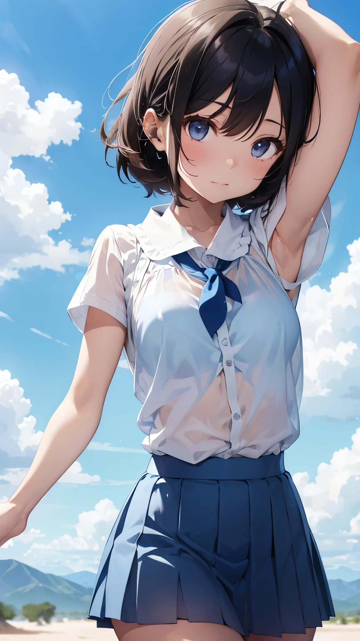  short-sleeved white shirt 、See-through bra、Blue Bra、 blue miniskirt、 lift skirt with both hands 、Schoolgirl、A desert with nothing up to the horizon、blue sky and entrance clouds 