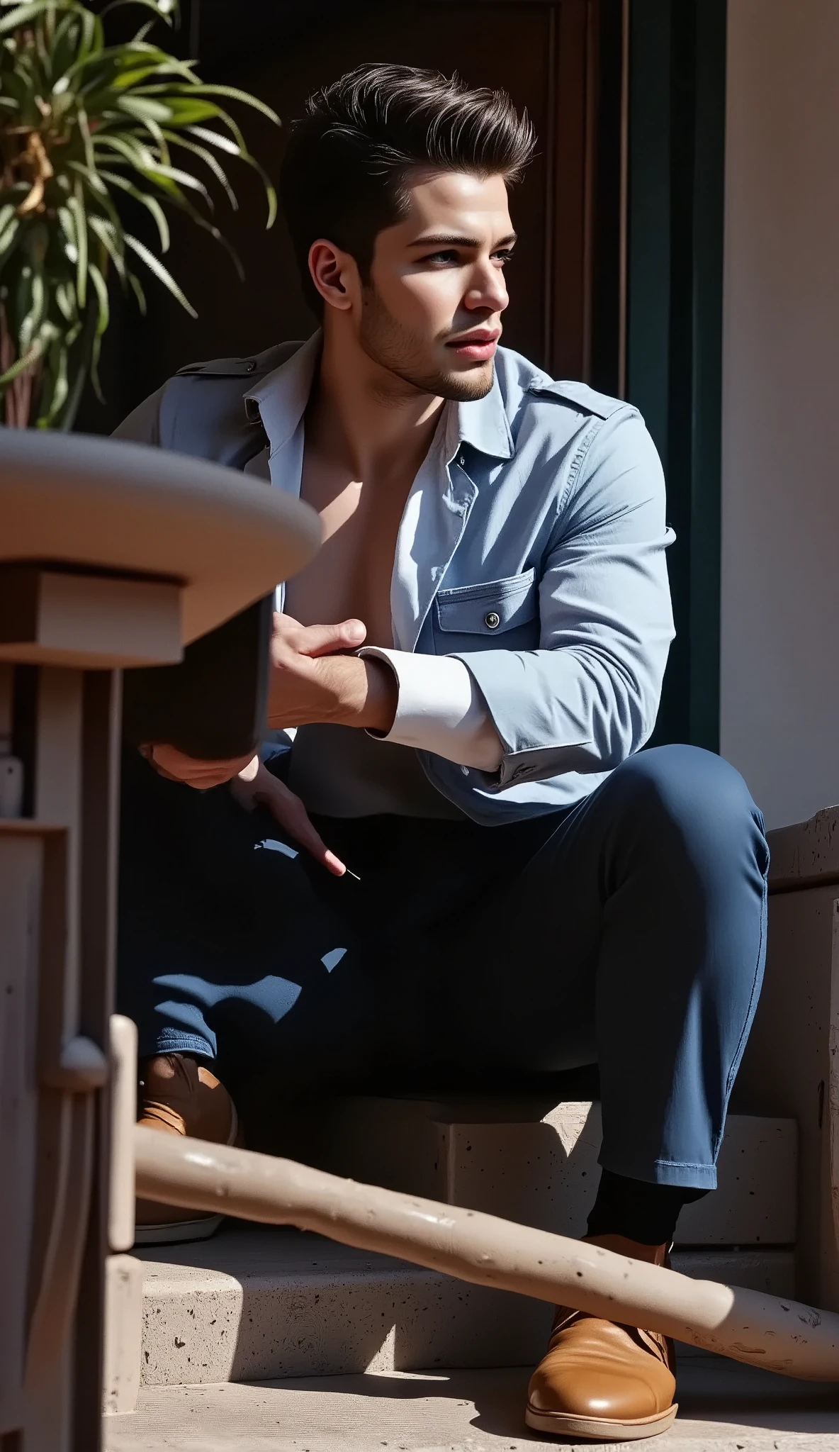 a well-dressed handsome european man, modern hairstyle, smiling, masculine, summer heat, detailed face, cinematic lighting, photorealistic, 8k, highly detailed, sharp focus, vibrant colors, natural skin tones, elegant casual outfit, beautiful studio lighting, dynamic pose, warm sunny atmosphere
