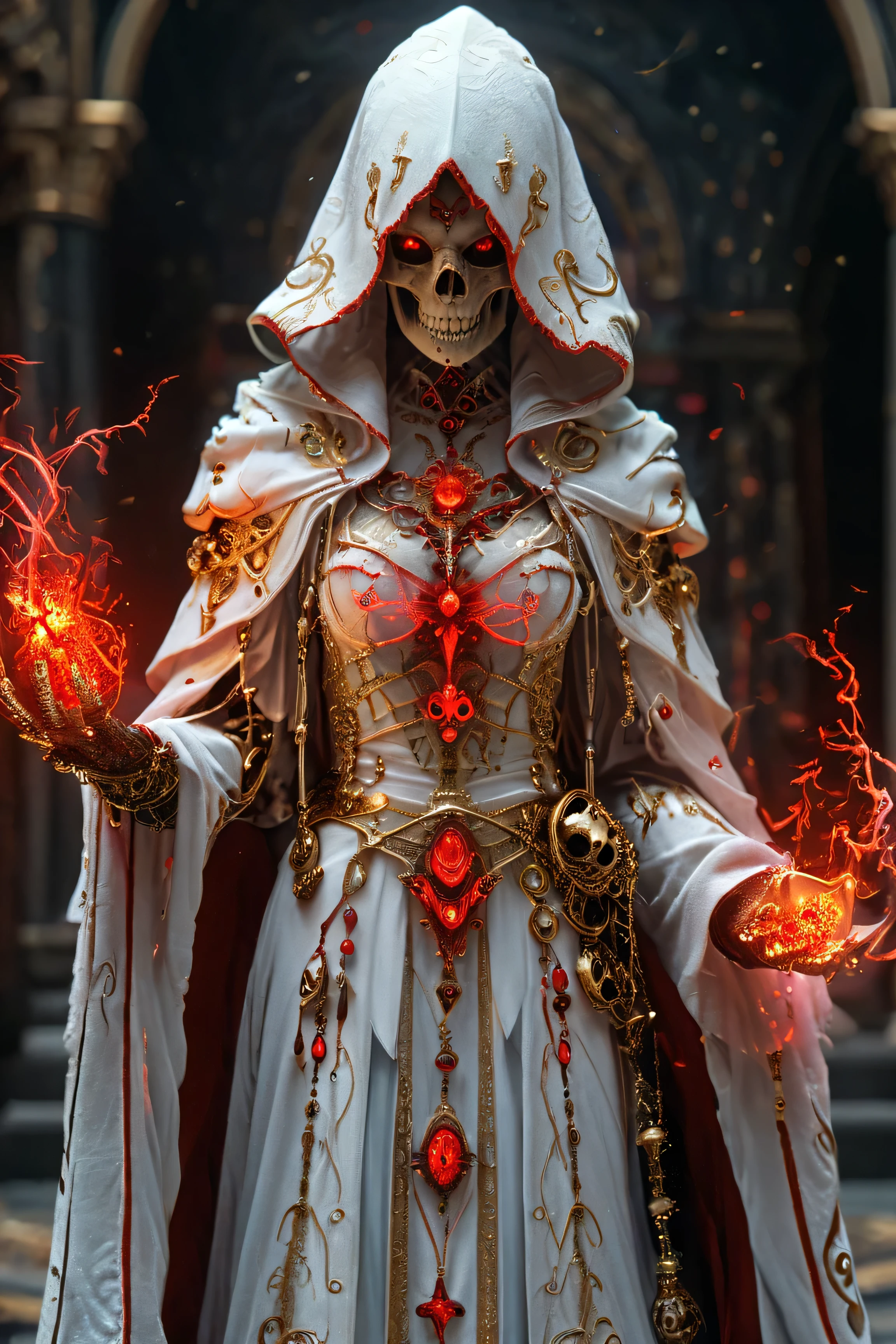(photo realistic), young death sorceress, skull with red glowing eyes, ((long white/gold robe with hood and intricate red trim)), hourglass in right hand, (high details, highly detailed, masterpiece, beautiful:1.2), black void in background, dynamic pose, cinematic shot, hkmagic,