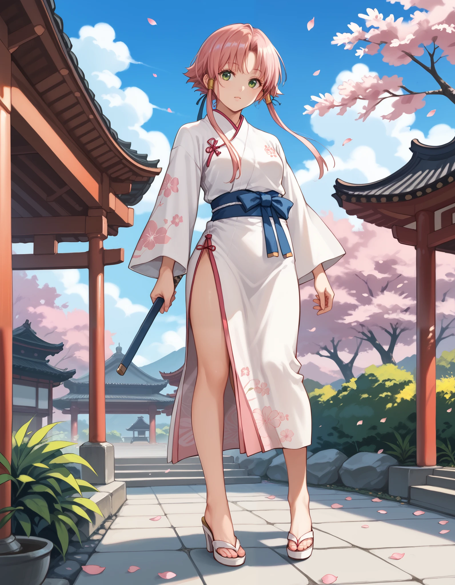 score_9, score_8_up, score_7_up,1girl, mizunashiakari, pink hair, short hair with long locks, green eyes, perfect beautiful face, extremely detailed face, long eyelashes, extremely detailed feet, white cheongsam, white hing heels (outdoors, day, blue sky, japanese garden, sakura petals) / standing in martial arts pose