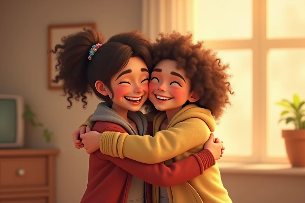 Generate a video of the people in the photo hugging hug between the person on the right and the left, keep the same original features