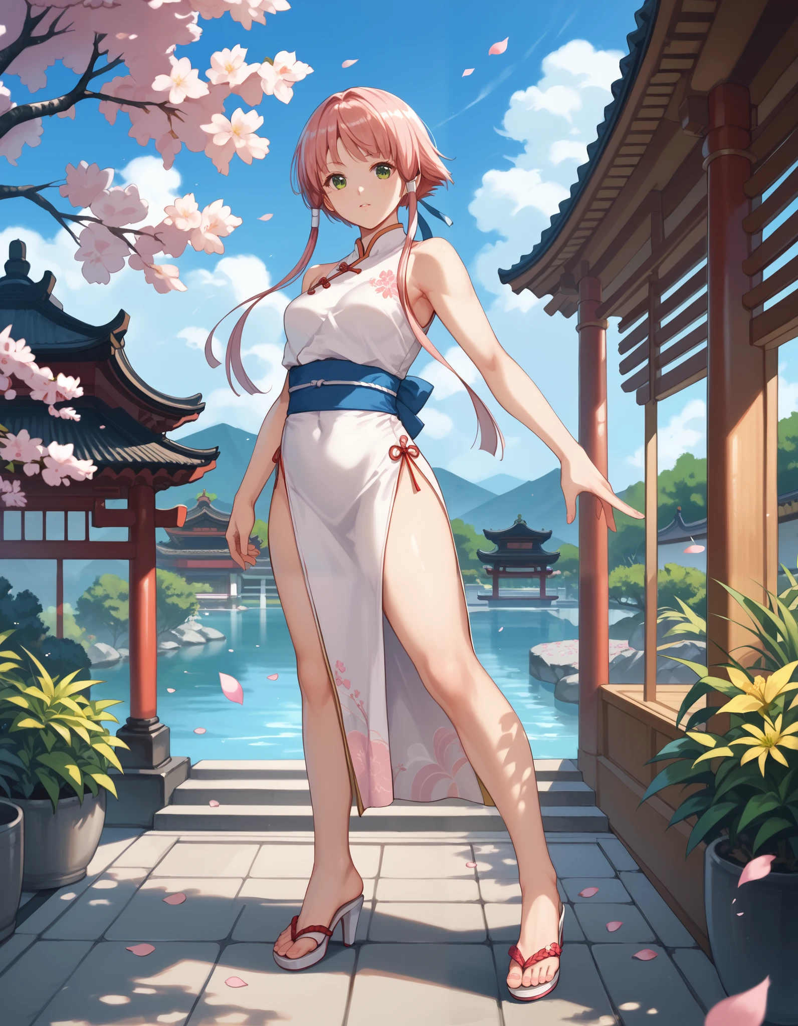 score_9, score_8_up, score_7_up,1girl, mizunashiakari, pink hair, short hair with long locks, green eyes, perfect beautiful face,  extremely detailed face, long eyelashes, extremely detailed feet, white cheongsam, white hing heels, (outdoors, day, blue sky, japanese garden, sakura petals) / standing in kung fu pose