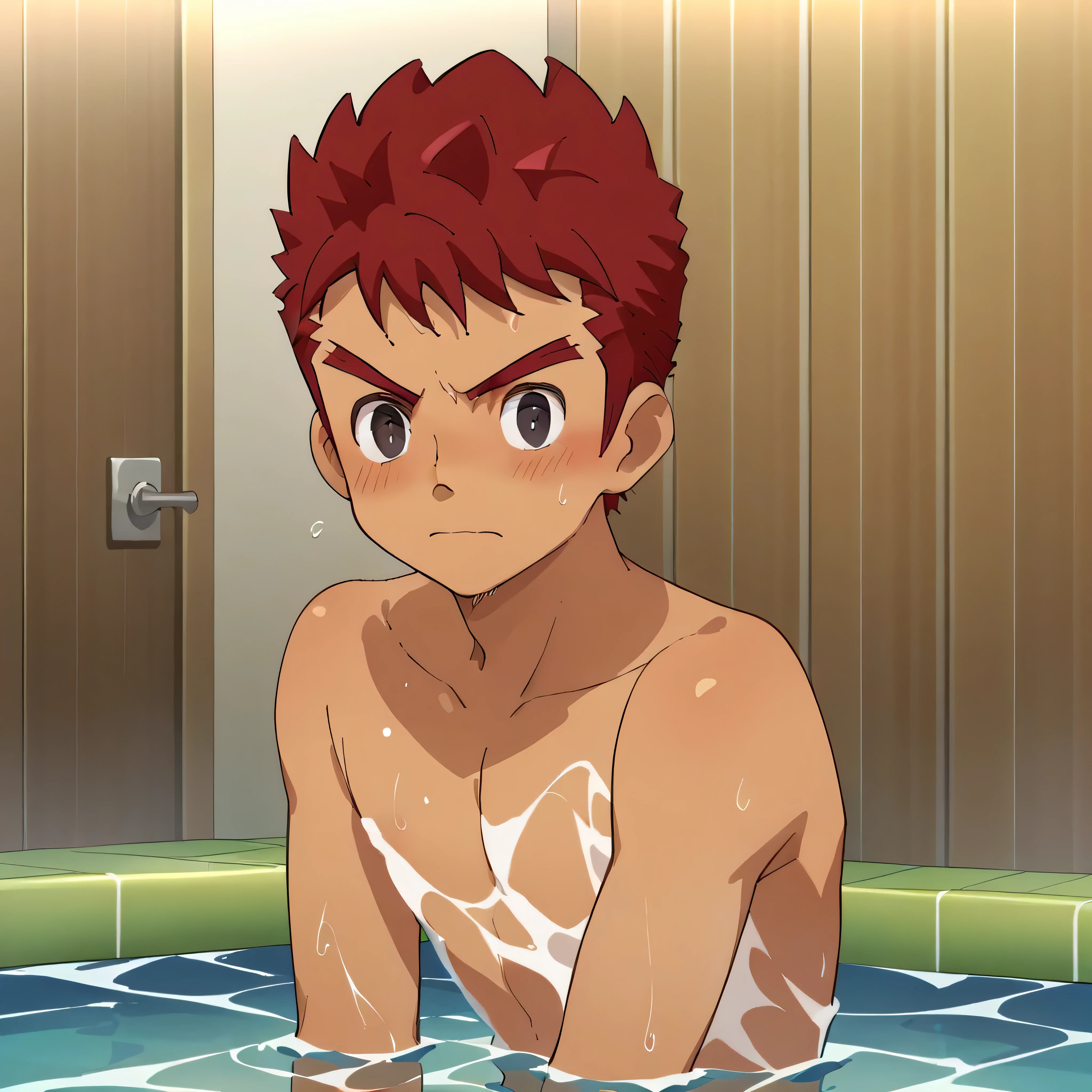 score_9, score_8_up,  source_Anime,  very detailed,  one boy , solo
,  one boy ,   men clenching their fists, Alone, Men wear bathing wear、 Red Hair, looks embarrassed、
Completely naked,  dark eyes,、
Swimming in the sea、NSFW