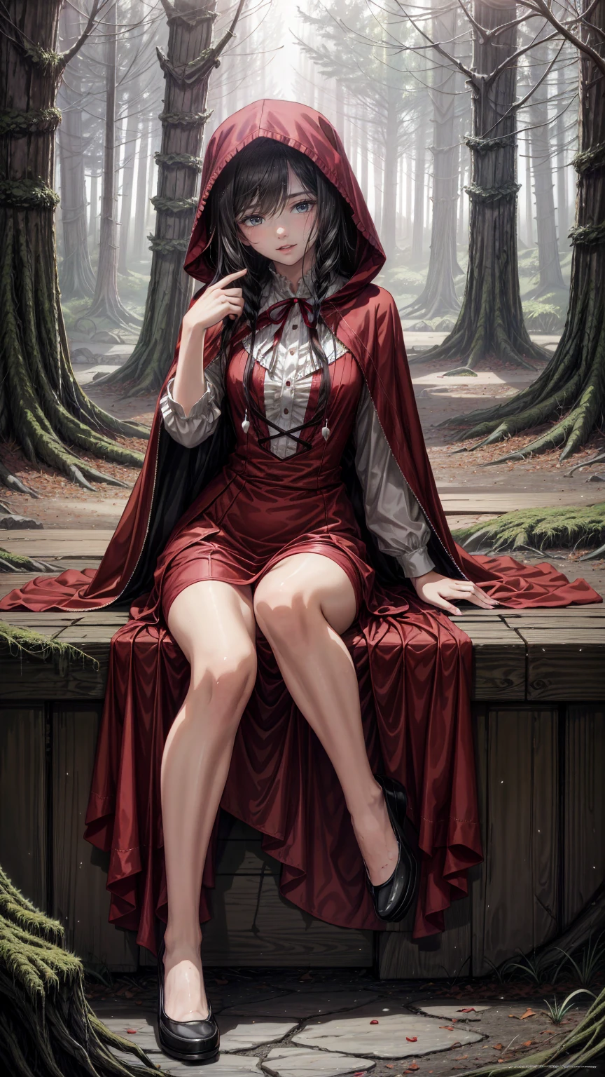 top quality,  top quality ,  High Definition , An exceptional masterpiece, perfect artwork,  There are paid benefits  , anime girl in  Little Red Riding Hood sitting on rock in forest, Anime picture by Shi Tao ,  pixib,  Fantasy Art ,  black and white pictures in a red dress ,  Little Red Riding Hood,  wearing a beautiful red cloak , little  Little Red Riding Hood, thief  Little Red Riding Hood,  beautiful anime style art, High quality anime art, High quality anime artstyle, at  pixib,  Monochrome ,