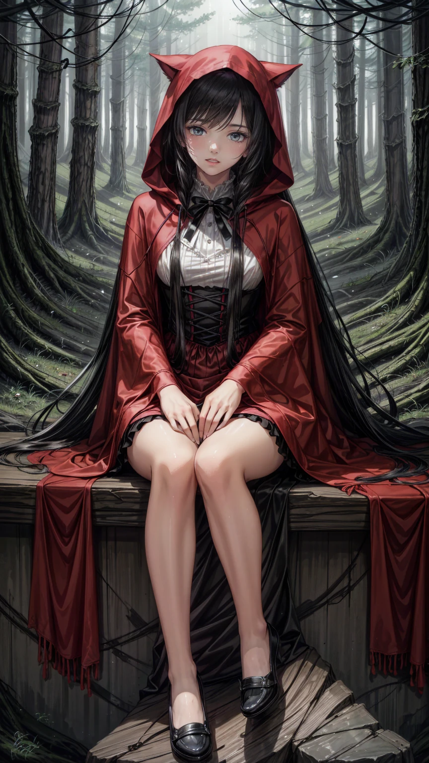 top quality,  top quality ,  High Definition , An exceptional masterpiece, perfect artwork,  There are paid benefits  , anime girl in  Little Red Riding Hood sitting on rock in forest, Anime picture by Shi Tao ,  pixib,  Fantasy Art ,  black and white pictures in a red dress ,  Little Red Riding Hood,  wearing a beautiful red cloak , little  Little Red Riding Hood, thief  Little Red Riding Hood,  beautiful anime style art, High quality anime art, High quality anime artstyle, at  pixib,  Monochrome ,