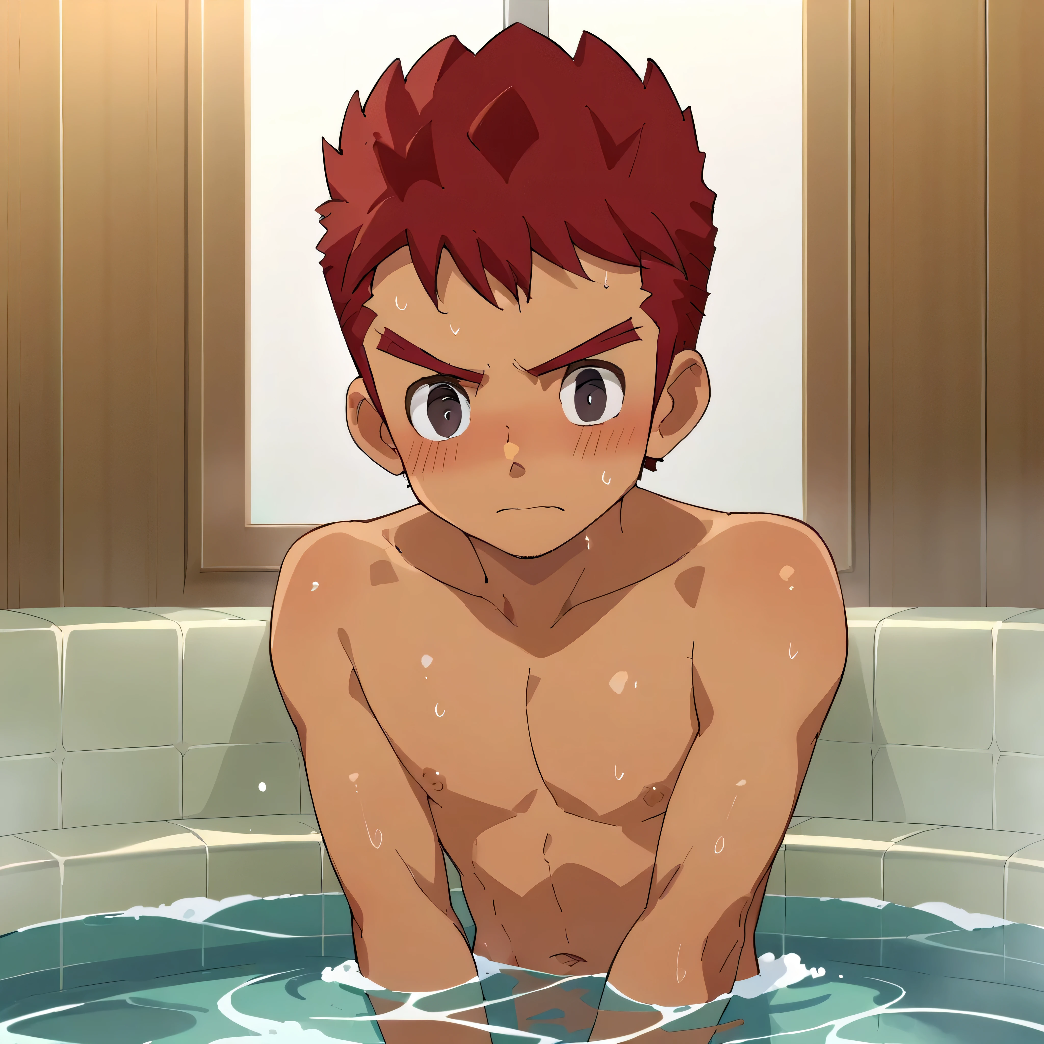 score_9, score_8_up,  source_Anime,  very detailed,  one boy , solo
,  one boy ,   men clenching their fists, Alone, Men wear bathing wear、 Red Hair, looks embarrassed、
Completely naked,  dark eyes,、bath、NSFW、panic