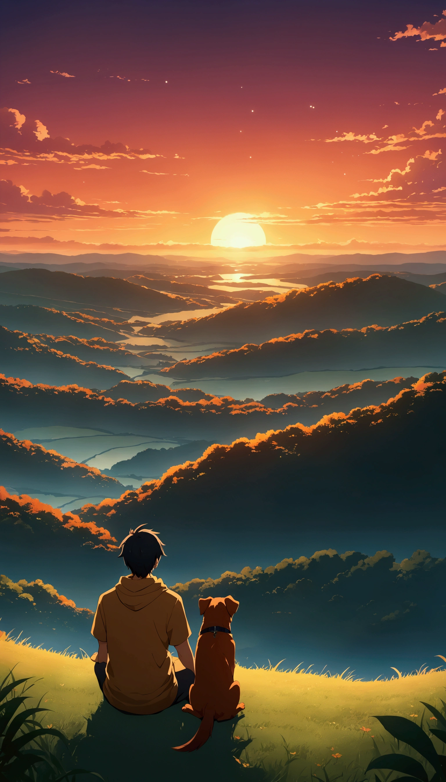 HIGH QUALITY, 8K ultra HD, great detail, masterpiece, An anime-style digital illustration , anime landscape of a boy with his dog sitting on a hill, watching a hellish orange and red sunset , anime nature wallpapers with a clear sky , beautiful anime scene, beautiful peace scene anime , makoto shinkai cyril rolando, beautiful anime scene, Fondo de pantalla increíble, anime art wallpaper 8k, Anime background, anime art wallpaper, 4k anime wallpaper , anime art wallpaper 4k, anime art wallpaper 4k,