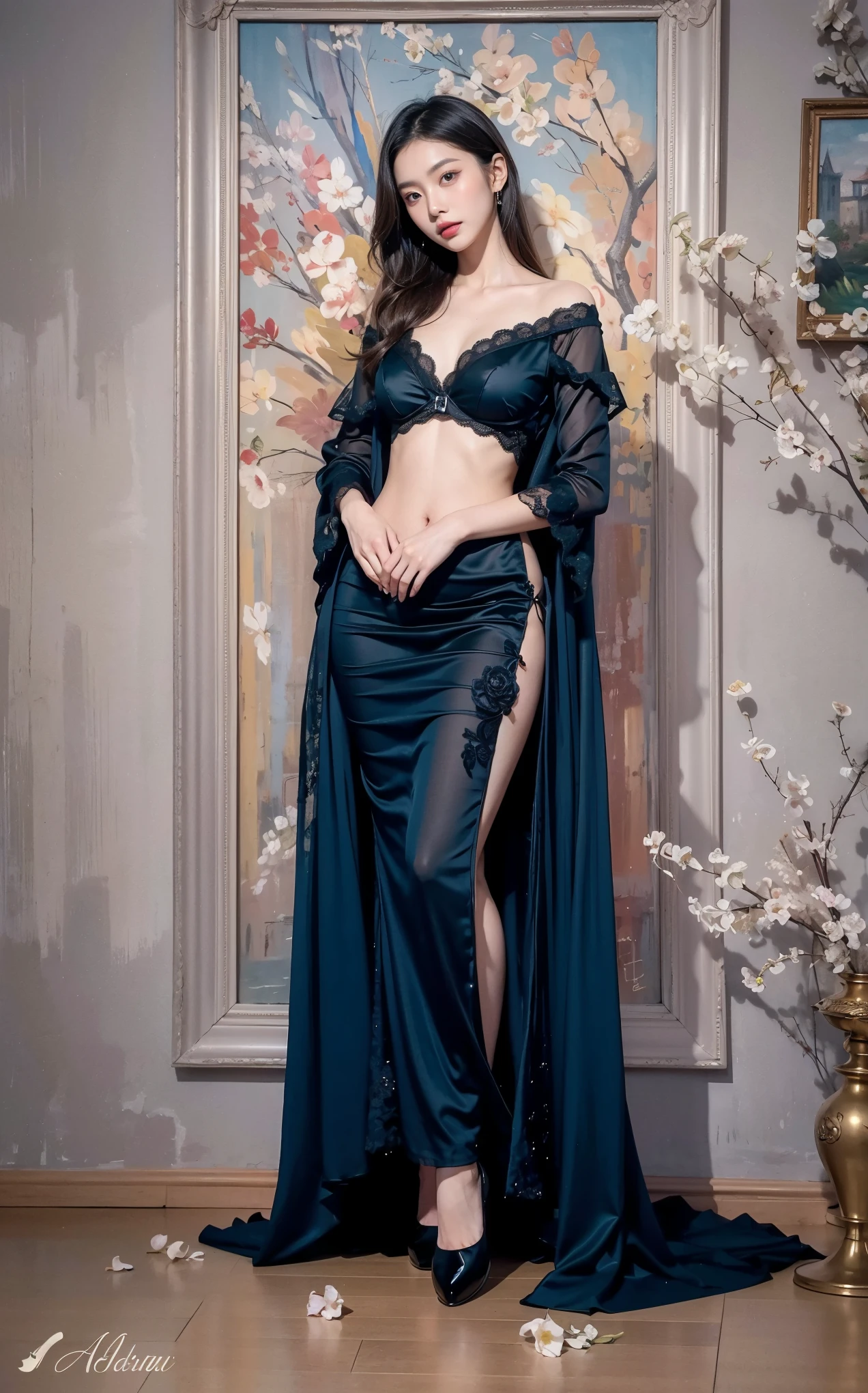 a woman in a blue and black dress, robe. extremely high details, long flowing intricate dress, fantasy long intricate gown, fantasy dress, intricate dress, intricate fantasy dress, robes! intricate, sexy gown, gown, blue and black, ornate gown, beautiful gown, intricate gown, extravagant dress, beautiful detailed elegant, intricate fantasy robes