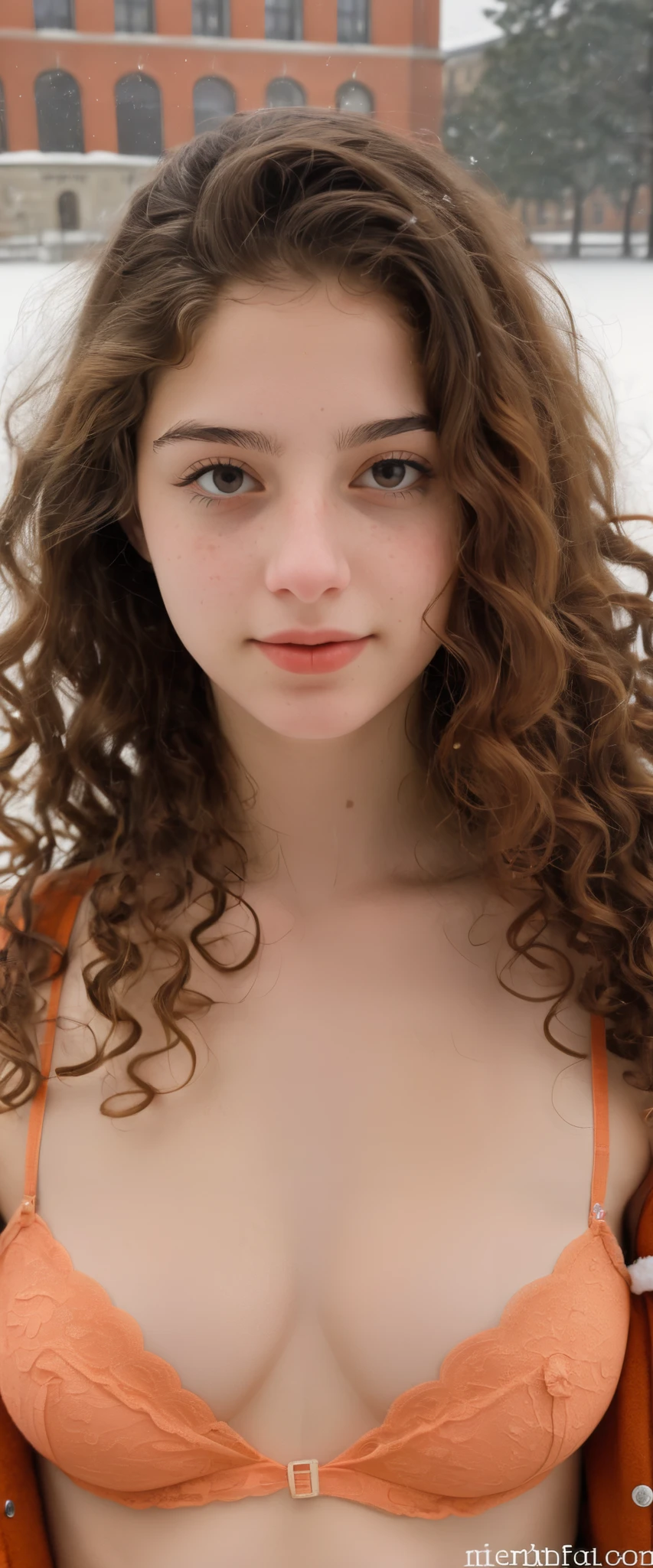 (indistinguishable from reality:1.4), 1girl, selfie, An half portrait of a beautiful 18 y.o New York Italian college student, (detailed facial features), (freckles:0.2), (acne:0.1), long thick luxurious curly hair, beautiful Jewish nose, shy smile, walking on University campus, winter, snowfall, ultra detailed texture cold, Orange Bra, Nikon FM2, 35mm SLR