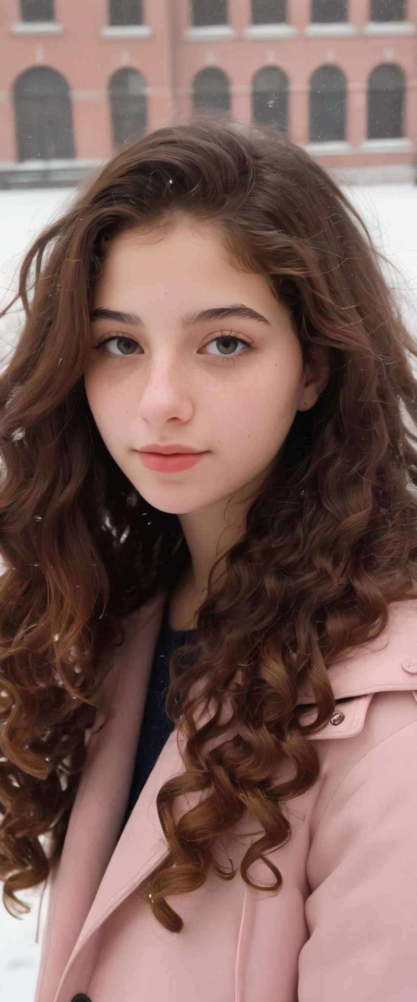 (indistinguishable from reality:1.4), 1girl, selfie, An half portrait of a beautiful 18 y.o New York Italian college student, (detailed facial features), (freckles:0.2), (acne:0.1), long thick luxurious curly hair, beautiful Jewish nose, shy smile, walking on University campus, winter, snowfall, ultra detailed texture cold, Pink Cropped, Nikon FM2, 35mm SLR