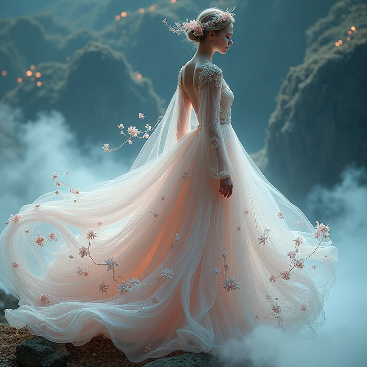 The blonde princess is wearing a dress made of mist....