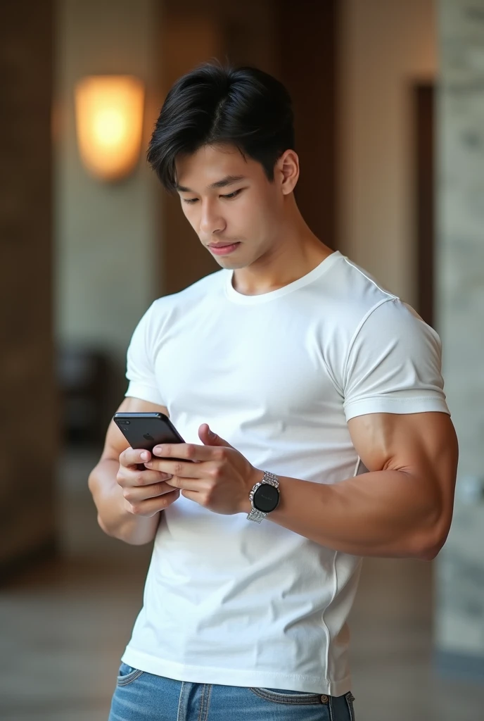 Create a realistic 64k photo of a handsome Thai male teenager masturbating.