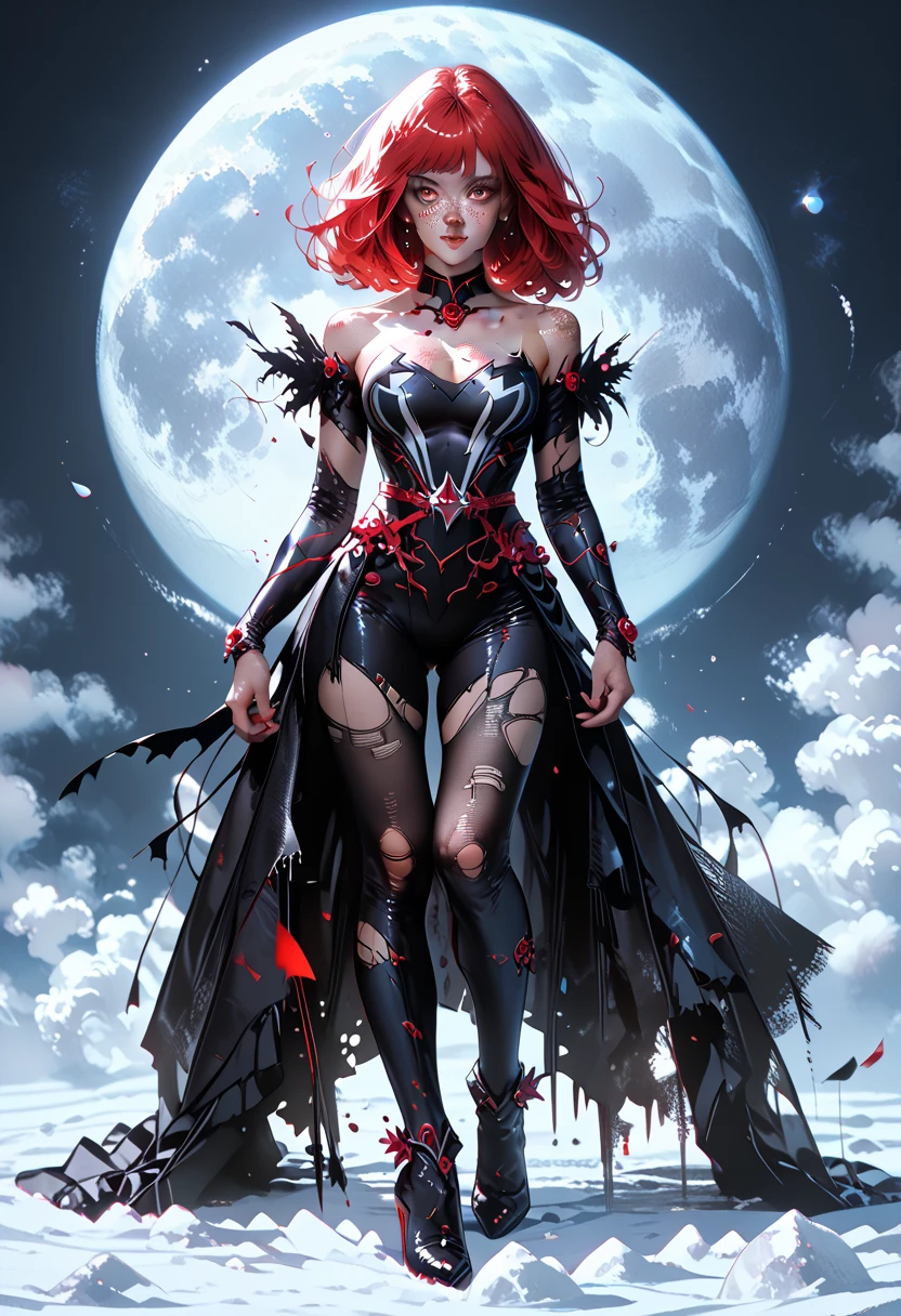 a girl with red hair and ((freckles)) dressed in ((superhero costume)) ((confident look)) ((beautiful eyes)) ((FULL HEIGHT)) ((whole body visible)) ((standing on the moon)) looking at the ground ((torn clothes)) ((bare chest visible))