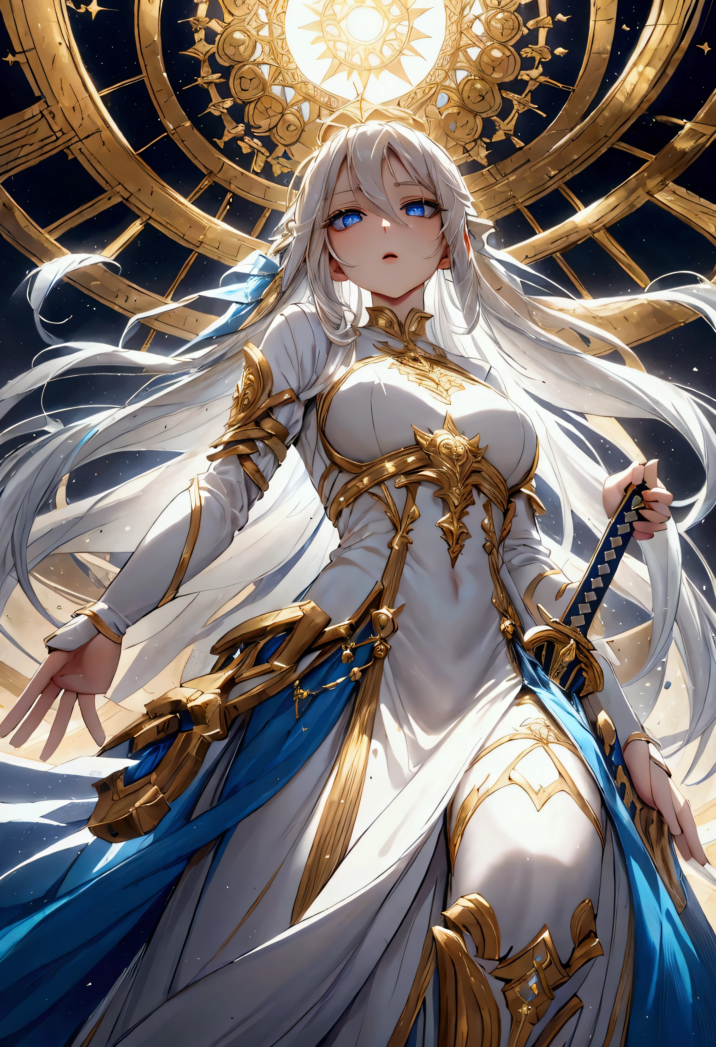 1girl, white hair, long hair, blue eyes, open center long, dress, divine, celestial, from below, sword, gold, epic, high quality,  focus on the face, very detailed