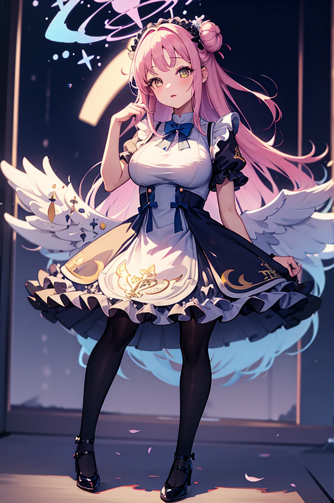 a cute girl,solo,mika_bluearchive,breast,japan maid dress,black pantyhose,maid shoes,standing sexy pose in a city at moon night time, full body.