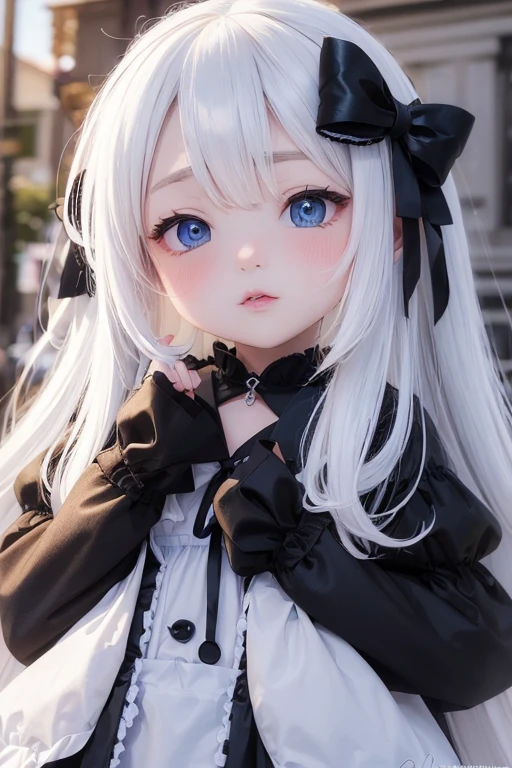 petite 16 year old loli anime demon girl, with silver hair, a white and black maid uniform