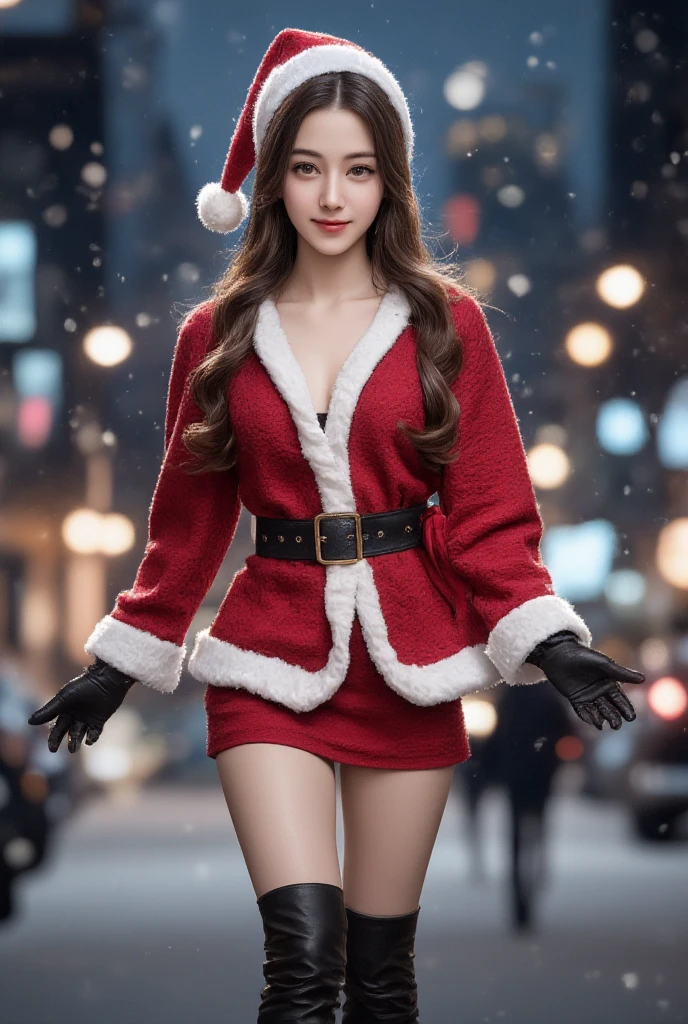 (Masterpiece, top quality, high resolution,)), (huge stunning goddess shot, very hot and sexy, jaw-dropping beauty, perfect proportions, beautiful body, slim body beauty:1.3), (random poses, dynamic composition), Christmas, Santa Claus, (woman in Santa Claus costume, staring at viewer, red coat and skirt with white fur trim, long sleeves, thick black belt, gold buckle, black leather boots, Santa Claus hat, smiling shyly:1.3), (beautiful hands, correct fingers, 4 fingers, 1 thumb), The city at night with snow falling and twinkling illuminations