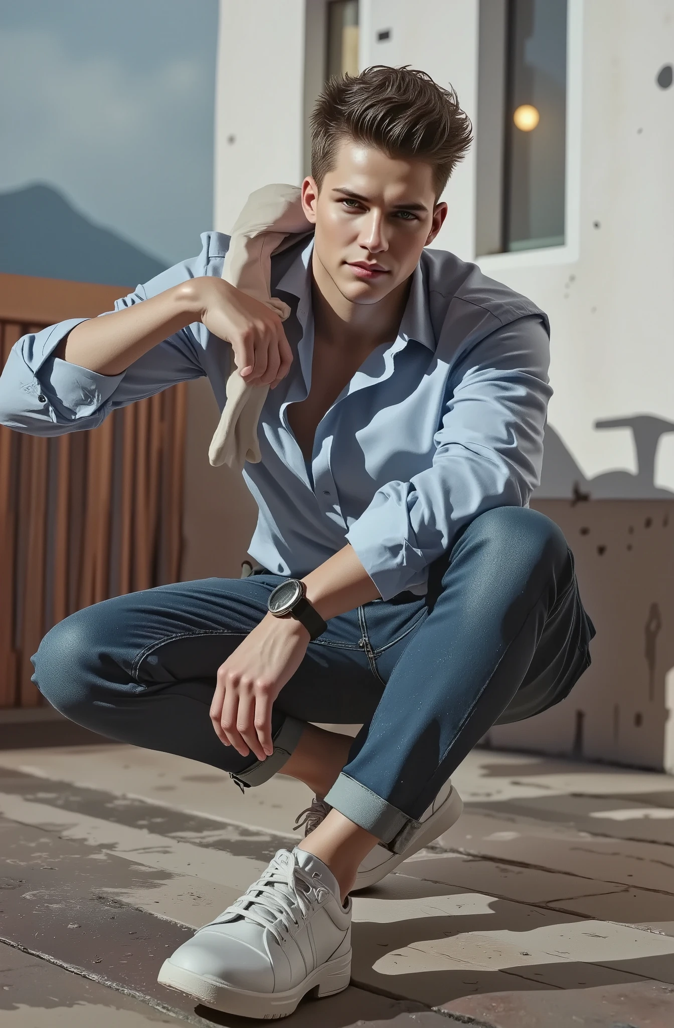 a well-dressed handsome european man, modern hairstyle, smiling, masculine, summer heat, detailed face, cinematic lighting, photorealistic, 8k, highly detailed, sharp focus, vibrant colors, natural skin tones, elegant casual outfit, beautiful studio lighting, dynamic pose, warm sunny atmosphere