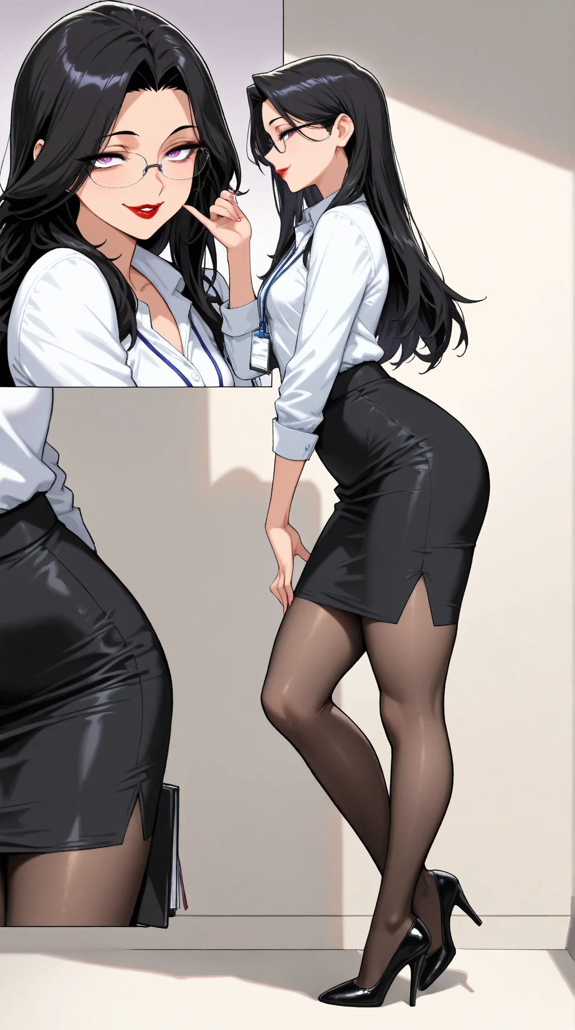  1 mature beautiful woman ,(masterpiece:1.3, top quality :1.3, very detailed depiction:1.3, incredible high resolution:1.3,High quality anime drawings),( office lady with straight black hair,An excellent female secretary,Villainess,Glasses),( business suit, tight skirt , formal shirt to accumulate strength, black tights, Luxurious Accessory , high heels),(Purple Eyes, Crazy Eyes , half-closed eyes:1.5, small breasts, wicked smile, glossy red lips ,Seductive gestures,Beautiful legs, healthy legs,Curvaceous Body,High quality skin),Full body images:1.3,