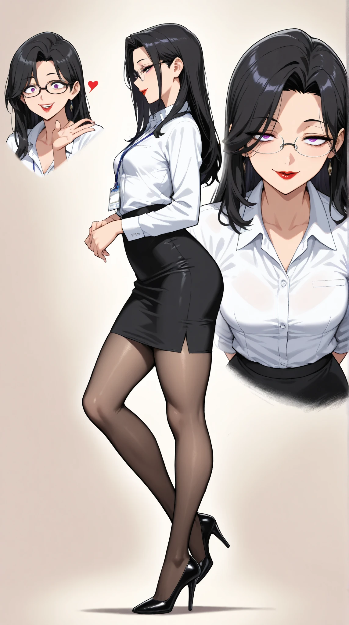  1 mature beautiful woman ,(masterpiece:1.3, top quality :1.3, very detailed depiction:1.3, incredible high resolution:1.3,High quality anime drawings),( office lady with straight black hair,An excellent female secretary,Villainess,Glasses),( business suit, tight skirt , formal shirt to accumulate strength, black tights, Luxurious Accessory , high heels),(Purple Eyes, Crazy Eyes , half-closed eyes:1.5, small breasts, wicked smile, glossy red lips ,Seductive gestures,Beautiful legs, healthy legs,Curvaceous Body,High quality skin),Full body images:1.3,